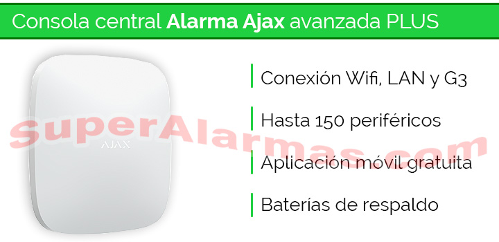 Consola central Ajax Plus Avanzada con conexión Wifi, Ethernet y 3G para 150 sensores.