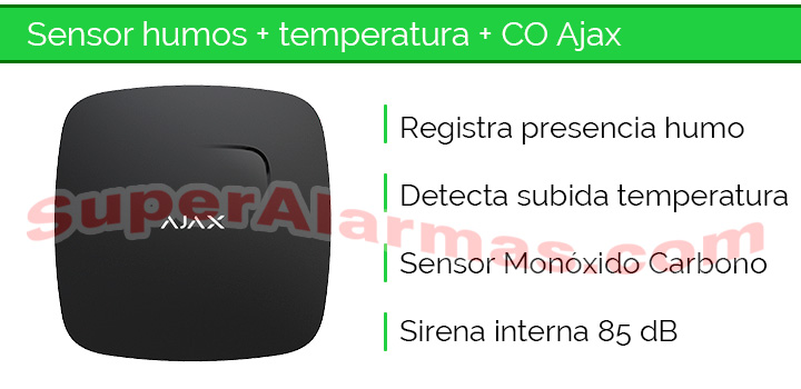 Detector de humo, subida de temperatura y CO para alarmas Ajax