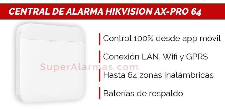 Central de alarma Hikvision AX-Pro 64 con triple vía de comunicación y capacidad para 64 zonas inalámbricas.